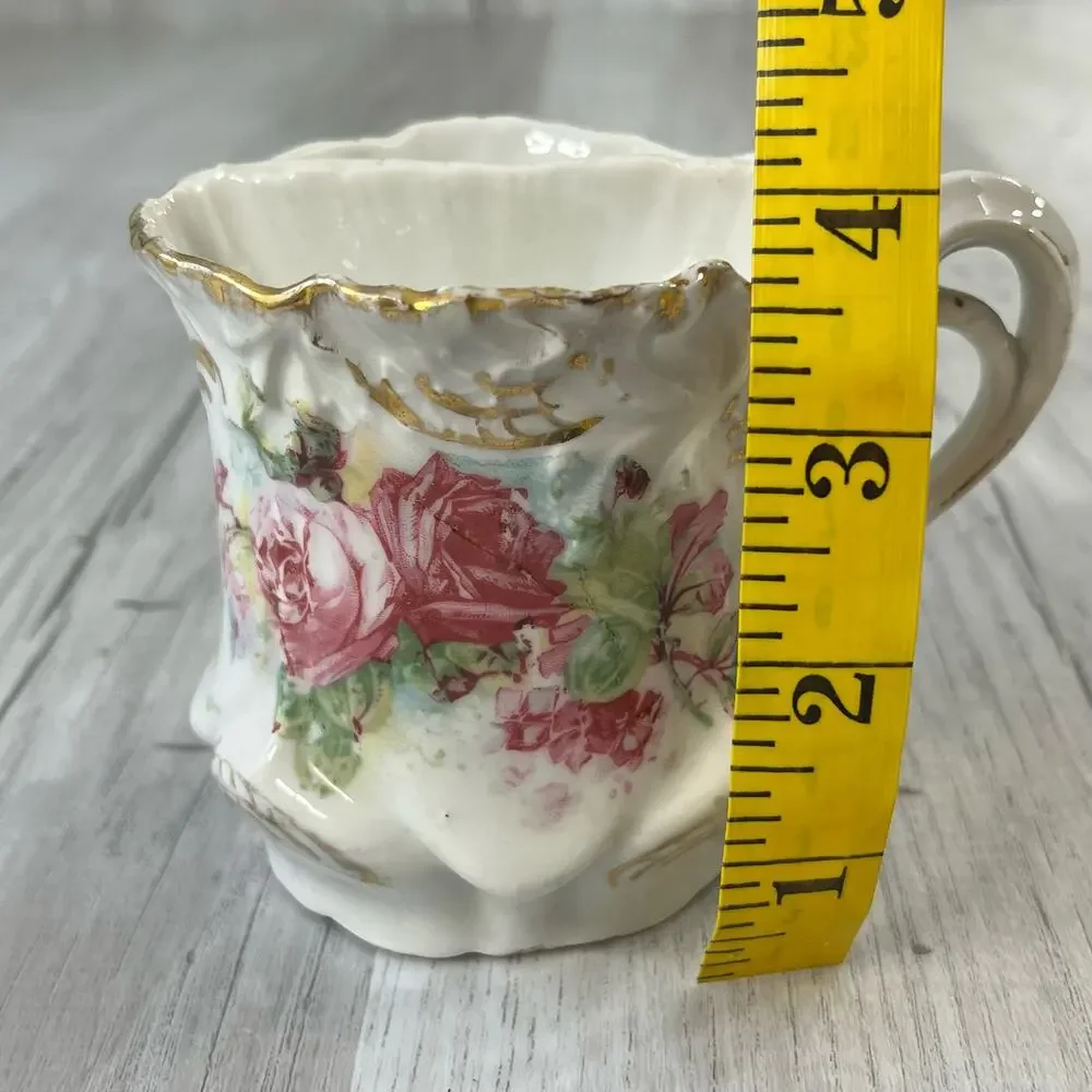 Vintage Victorian White Pink Green Floral Accent Gold Trim Shaving Mug Cup Decor